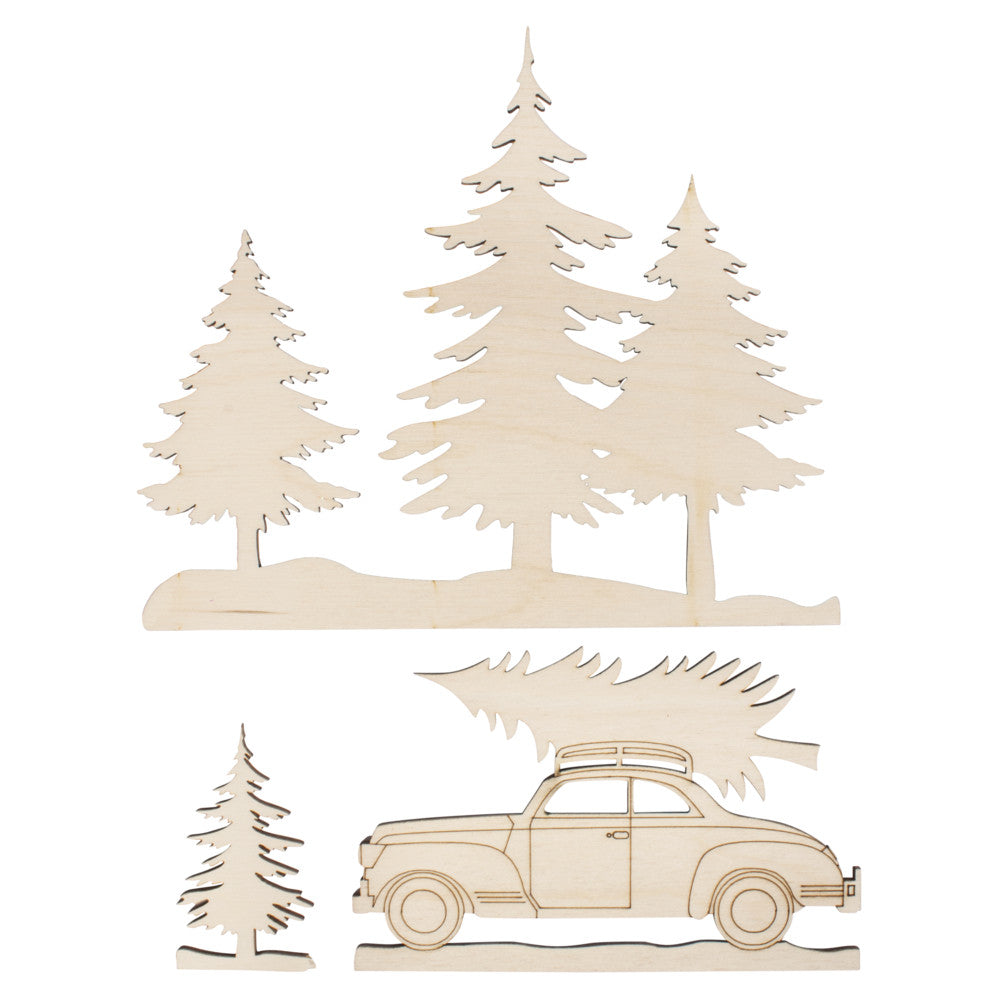 Houten motieven bomen en auto